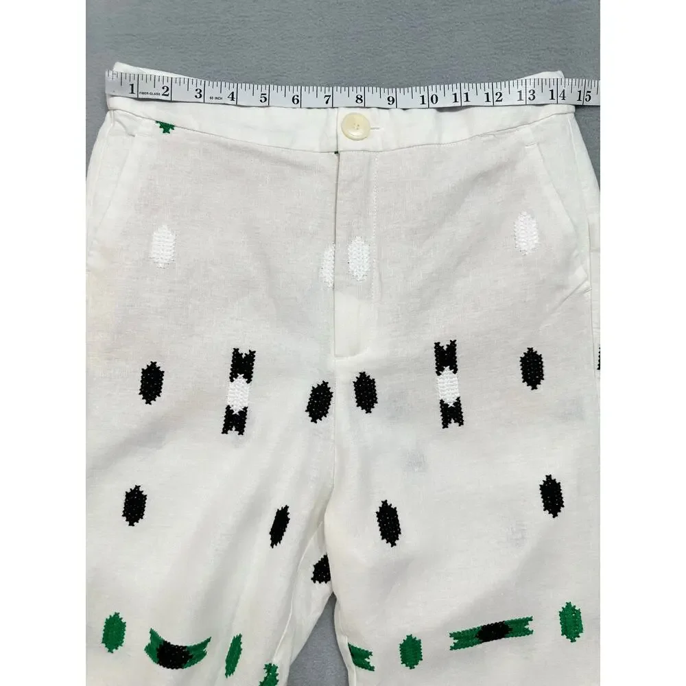 Zara Embroidered Linen Blend Geometric Pants White Green Black M
